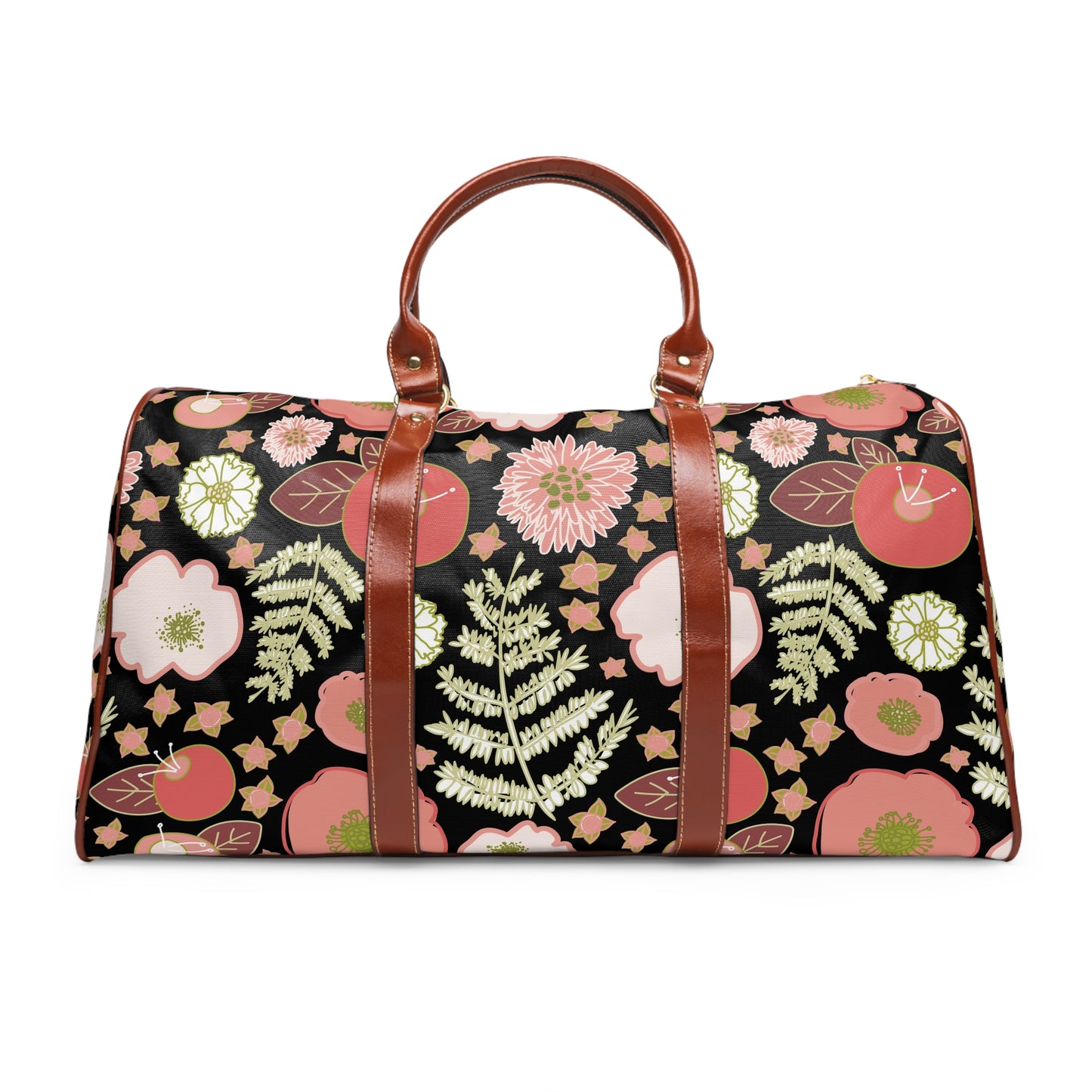 Coral Flowers on Black Waterproof Travel Bag
