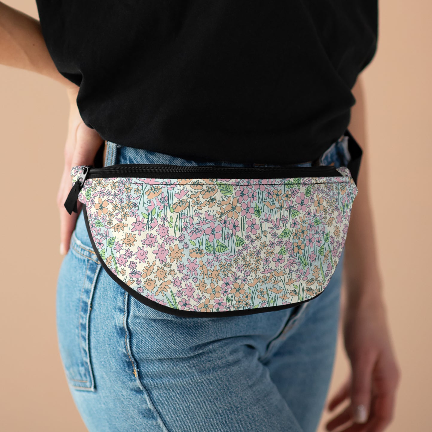 Orange and Pink Flowers on Blue Dot Fanny Pack