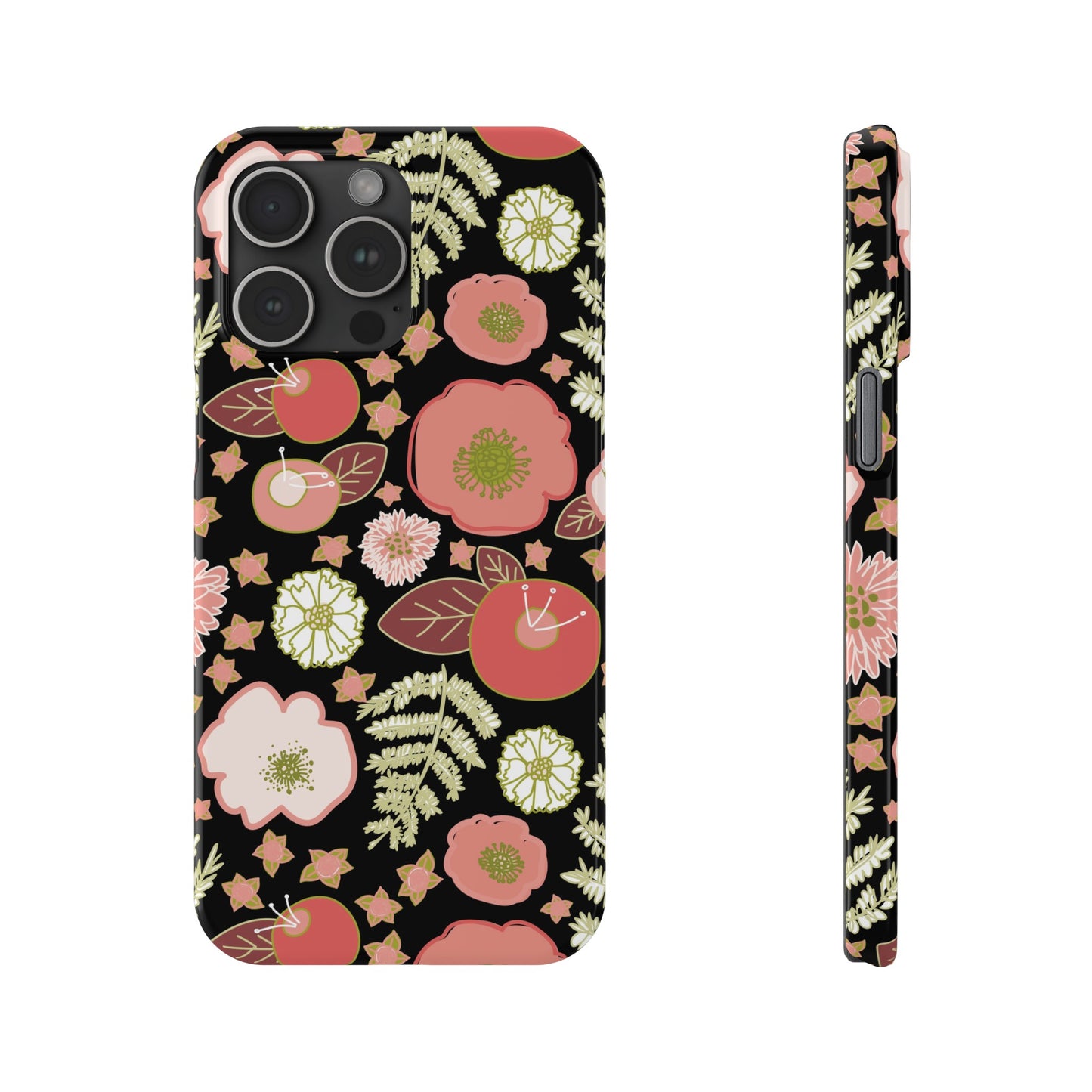 Coral Flowers on Black Slim Phone Cases