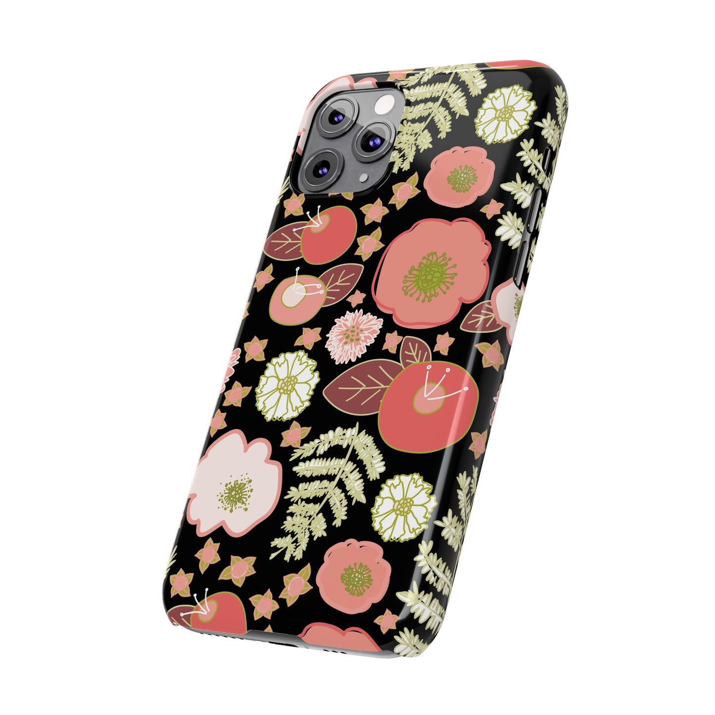 Coral Flowers on Black Slim Phone Cases