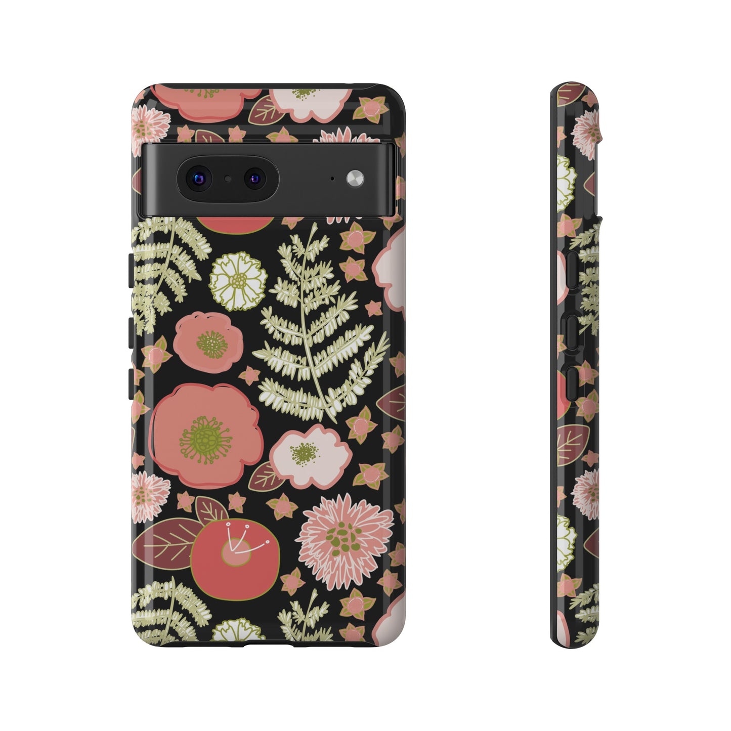 Coral Flowers on Black Tough Cases for Google Pixel