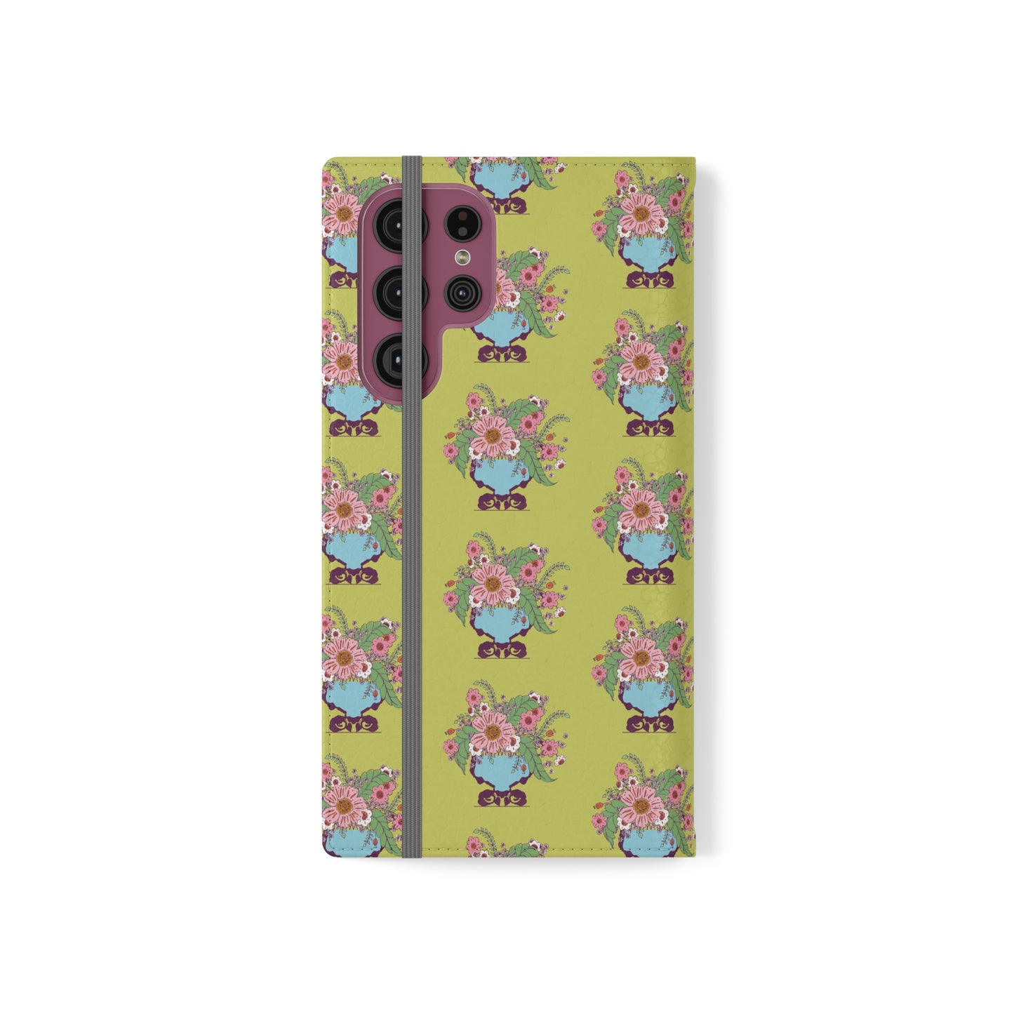 Cheerful Watercolor Flowers in Vase on Bright Green Flip Cases for Samsung