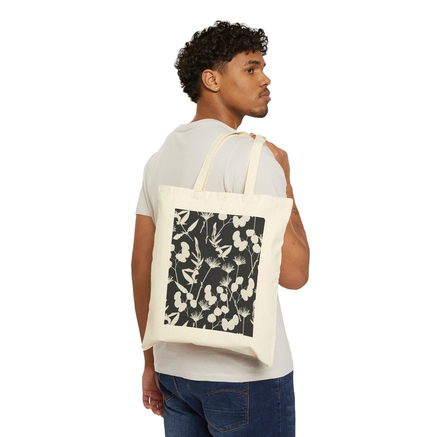 Black and White Floral Cotton Canvas Tote Bag