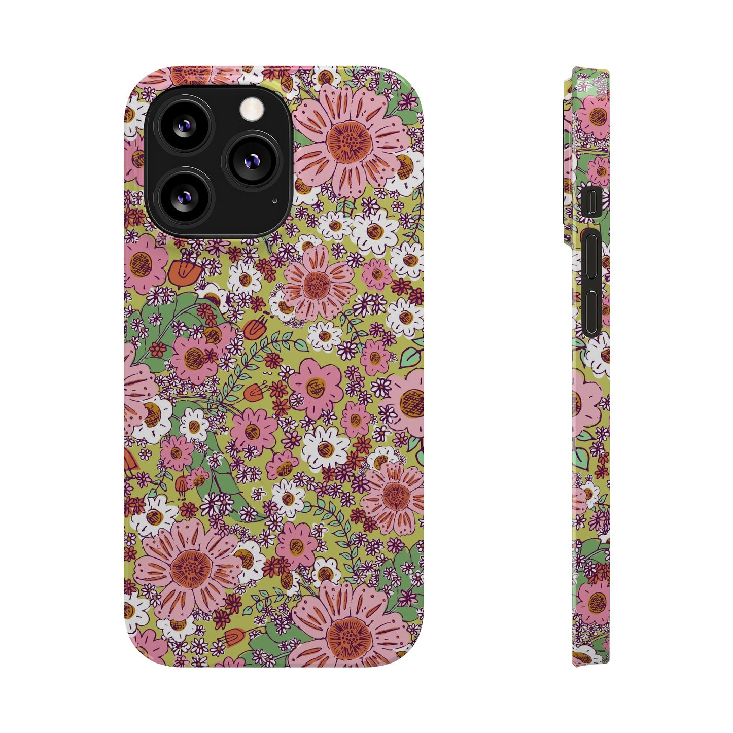 Cheerful Watercolor Flowers on Bright Green Slim Phone Cases