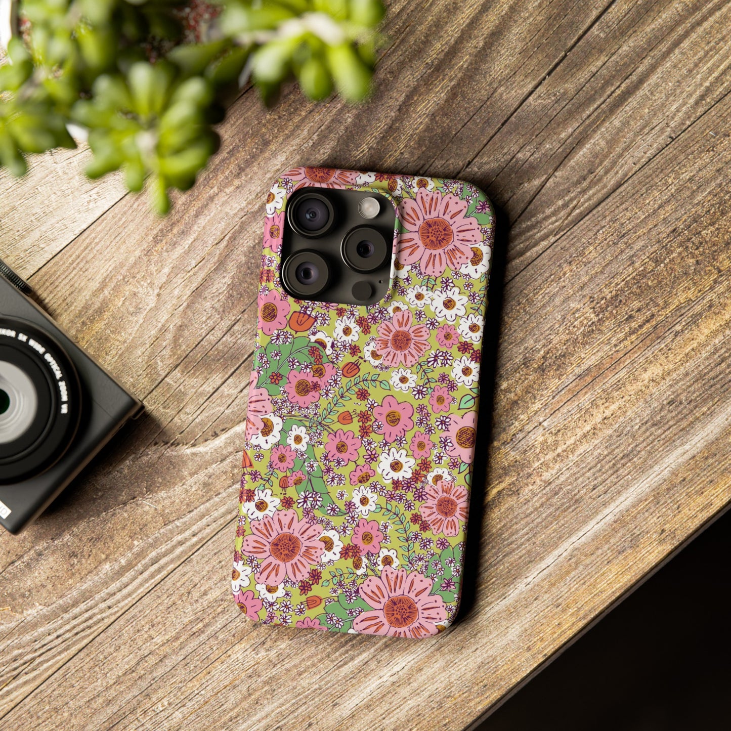 Cheerful Watercolor Flowers on Bright Green Slim Phone Cases