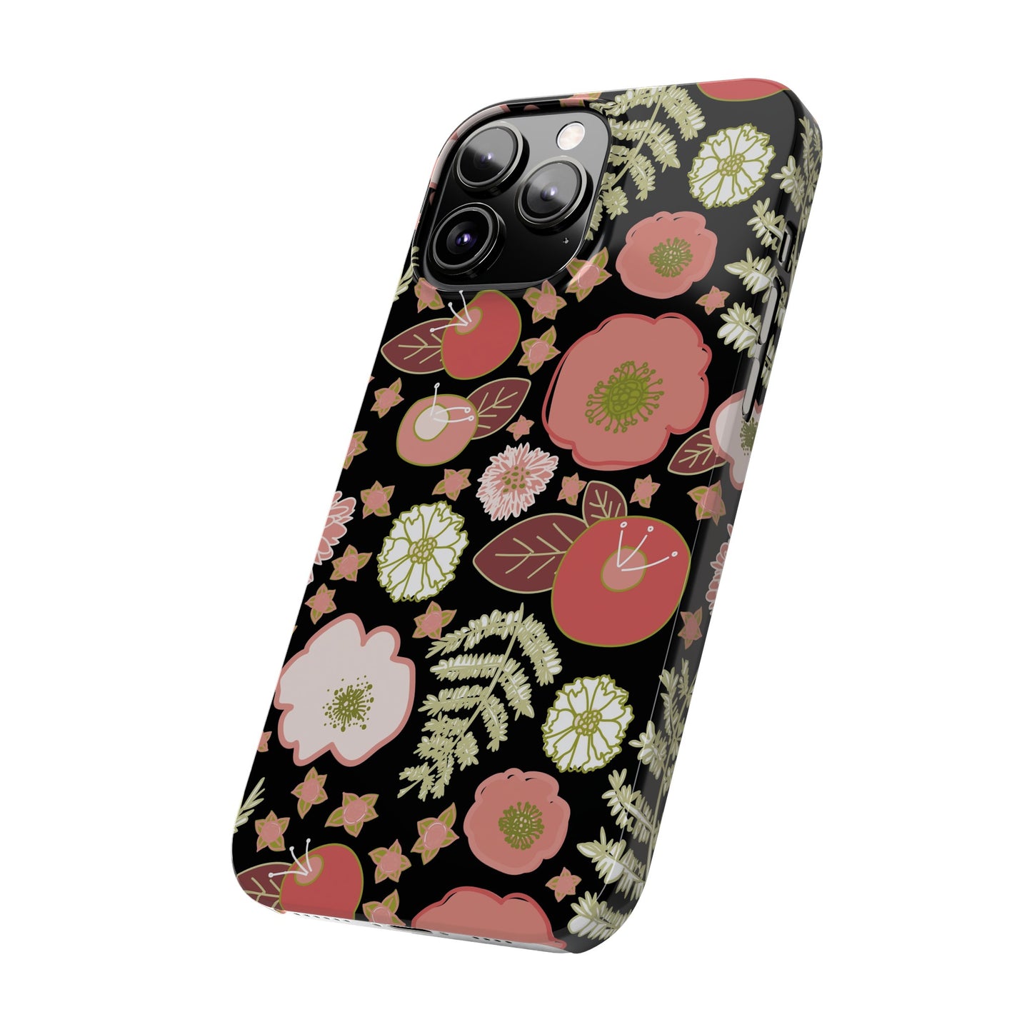 Coral Flowers on Black Slim Phone Cases