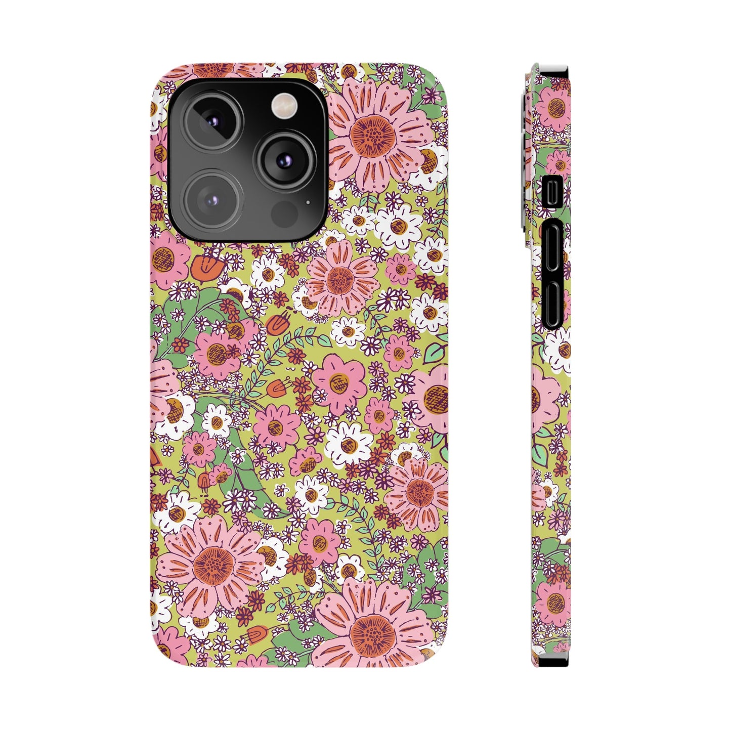 Cheerful Watercolor Flowers on Bright Green Slim Phone Cases