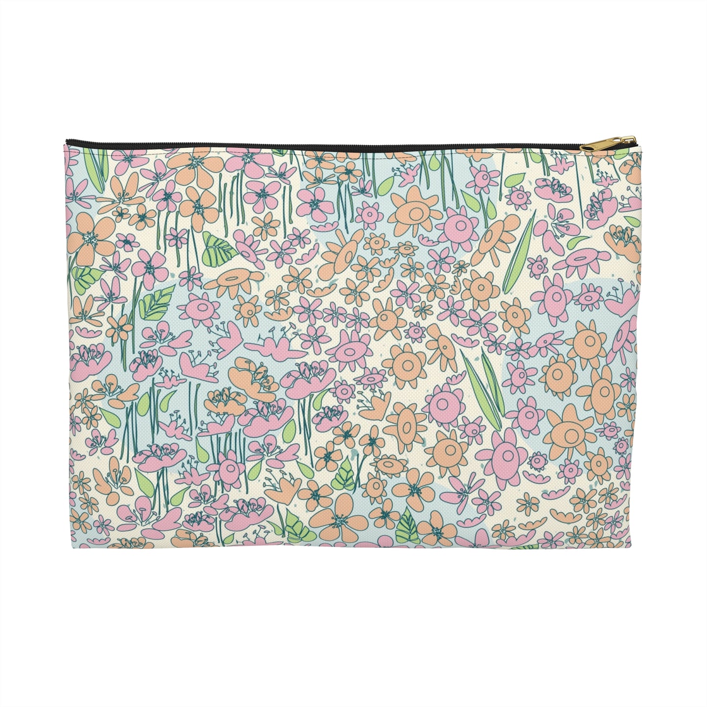 Orange and Pink Flowers on Blue Dot Accessory Pouch