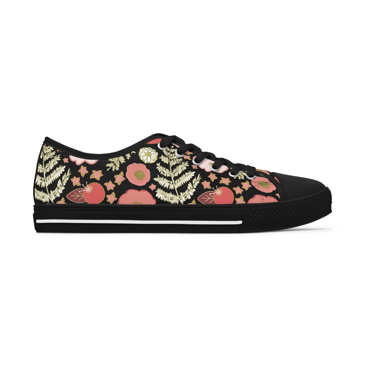 Coral Flowers on Black Women's Low Top Sneakers