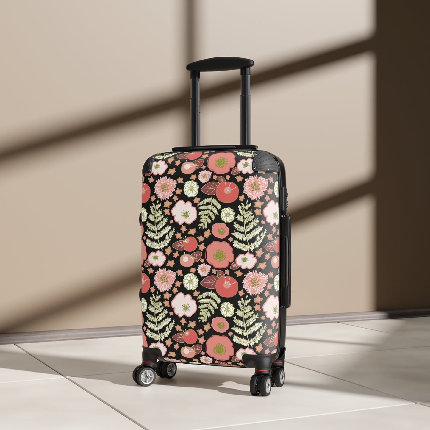 Coral Flowers on Black Suitcase