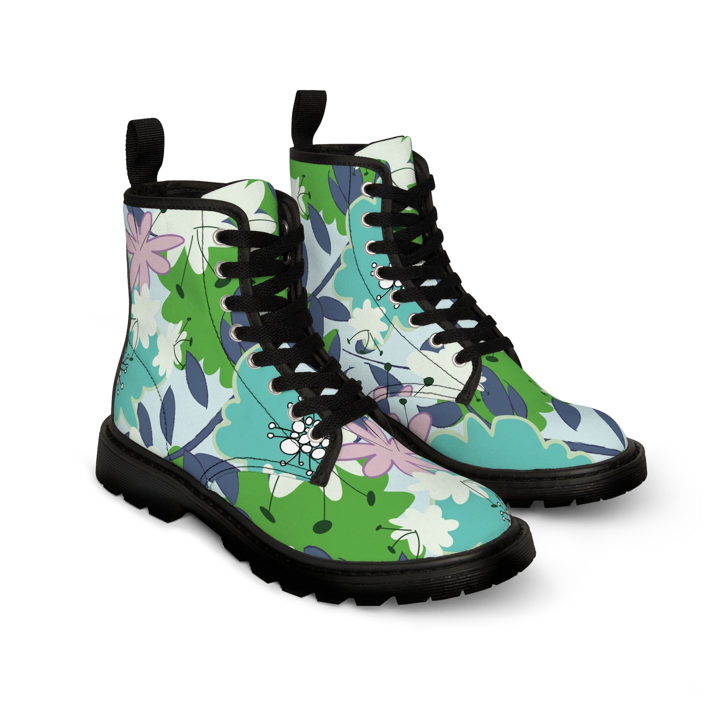 Mid Mod flowers in blue and green Women's Canvas Boots