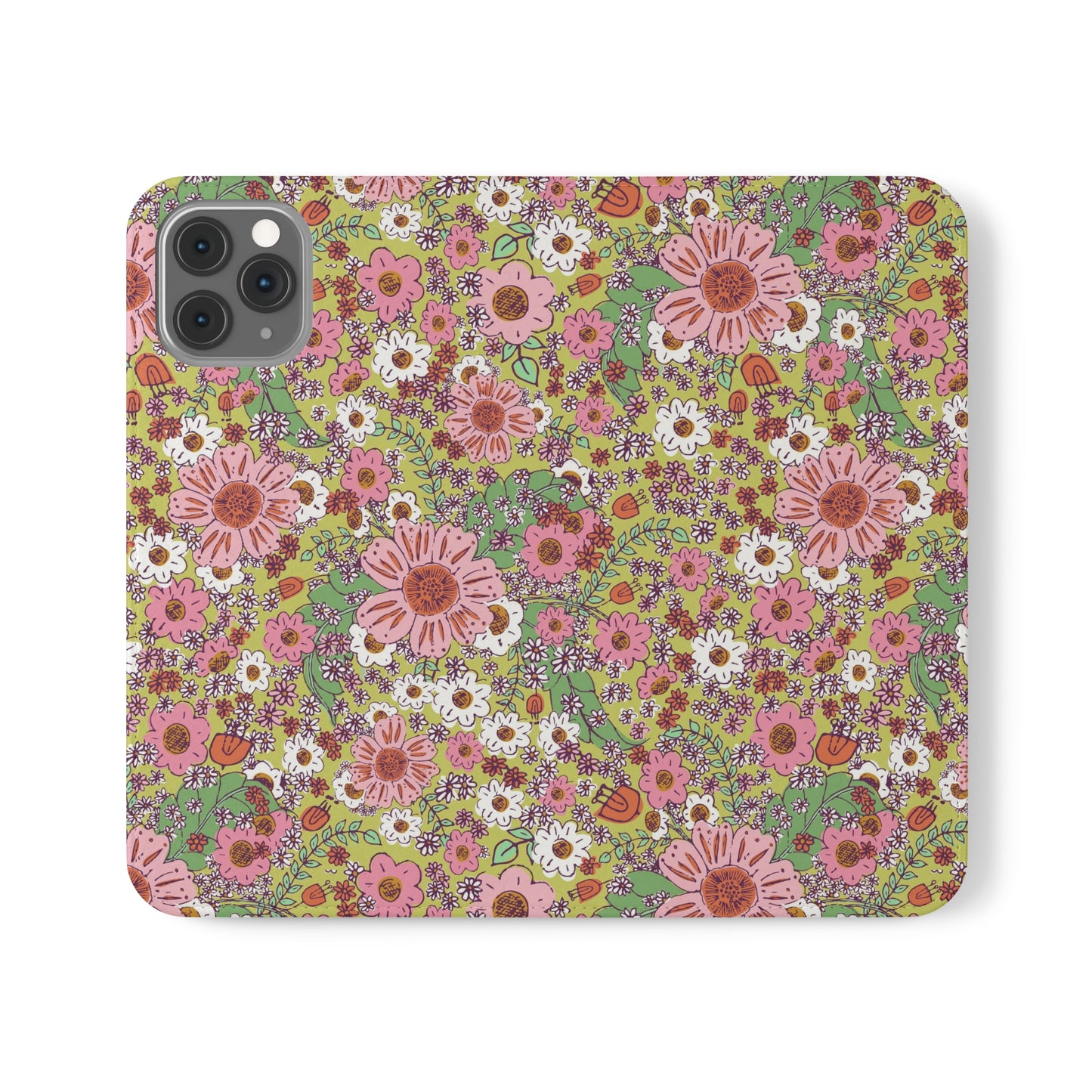 Cheerful Watercolor Flowers on Bright Green Flip Cases for iPhone