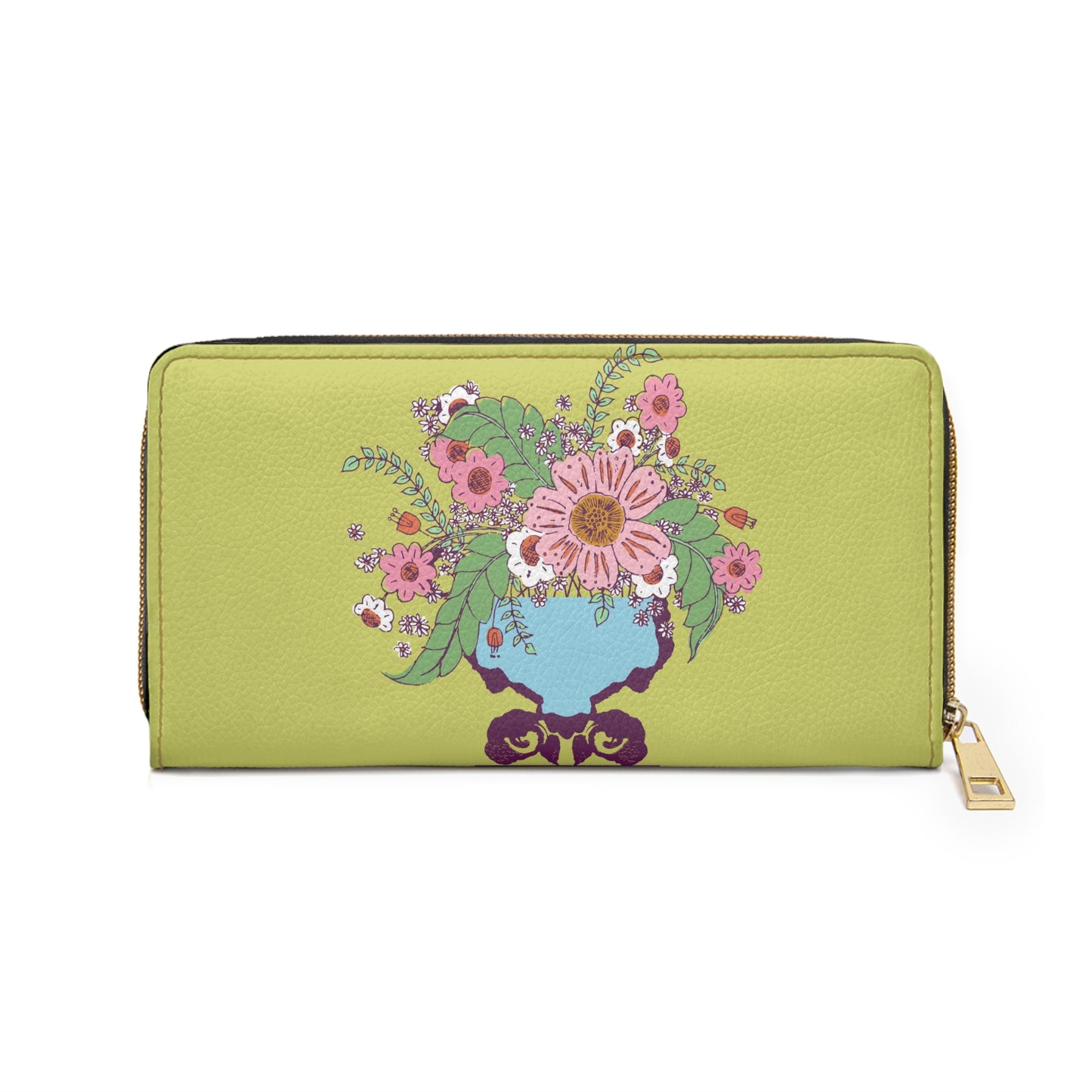 Cheerful Watercolor Flowers in Vase on Bright Green Zipper Wallet