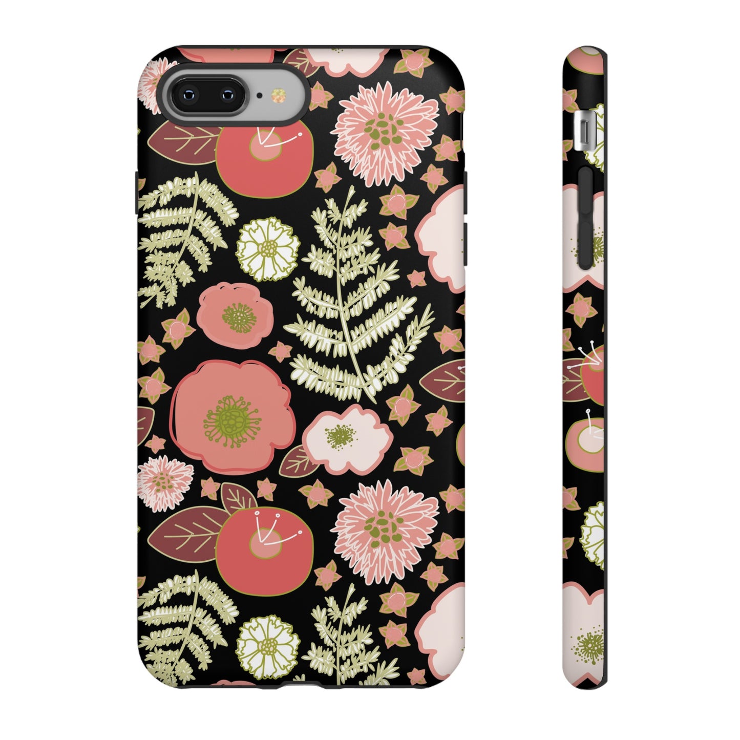 Coral Flowers on Black Tough Cases for iPhone