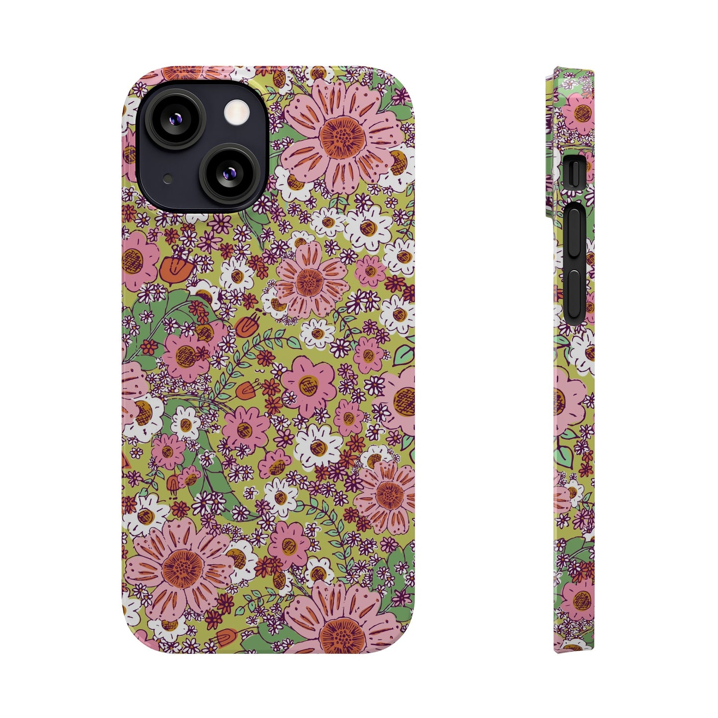 Cheerful Watercolor Flowers on Bright Green Slim Phone Cases