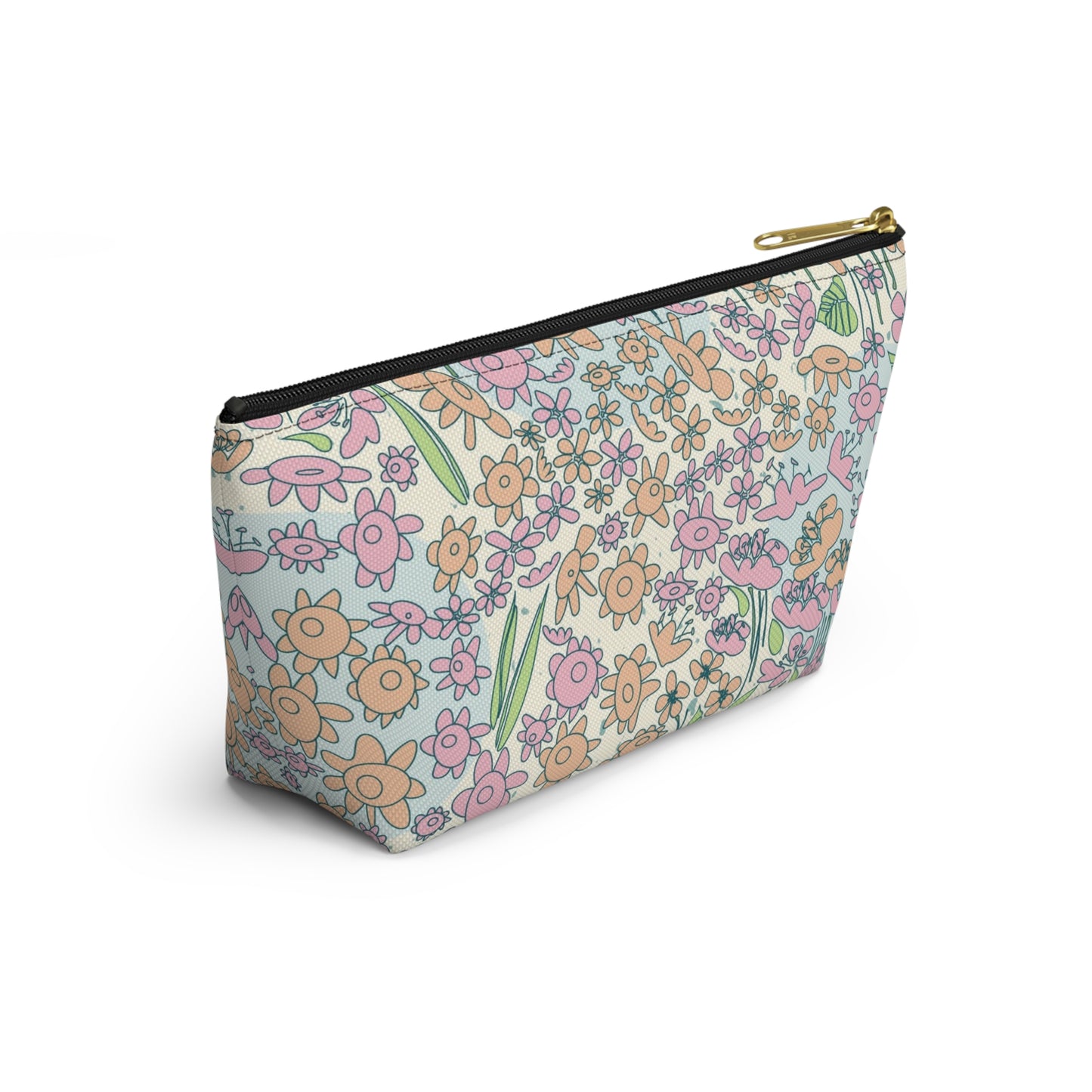 Orange and Pink Flowers on Blue Dot Accessory Pouch w T-bottom