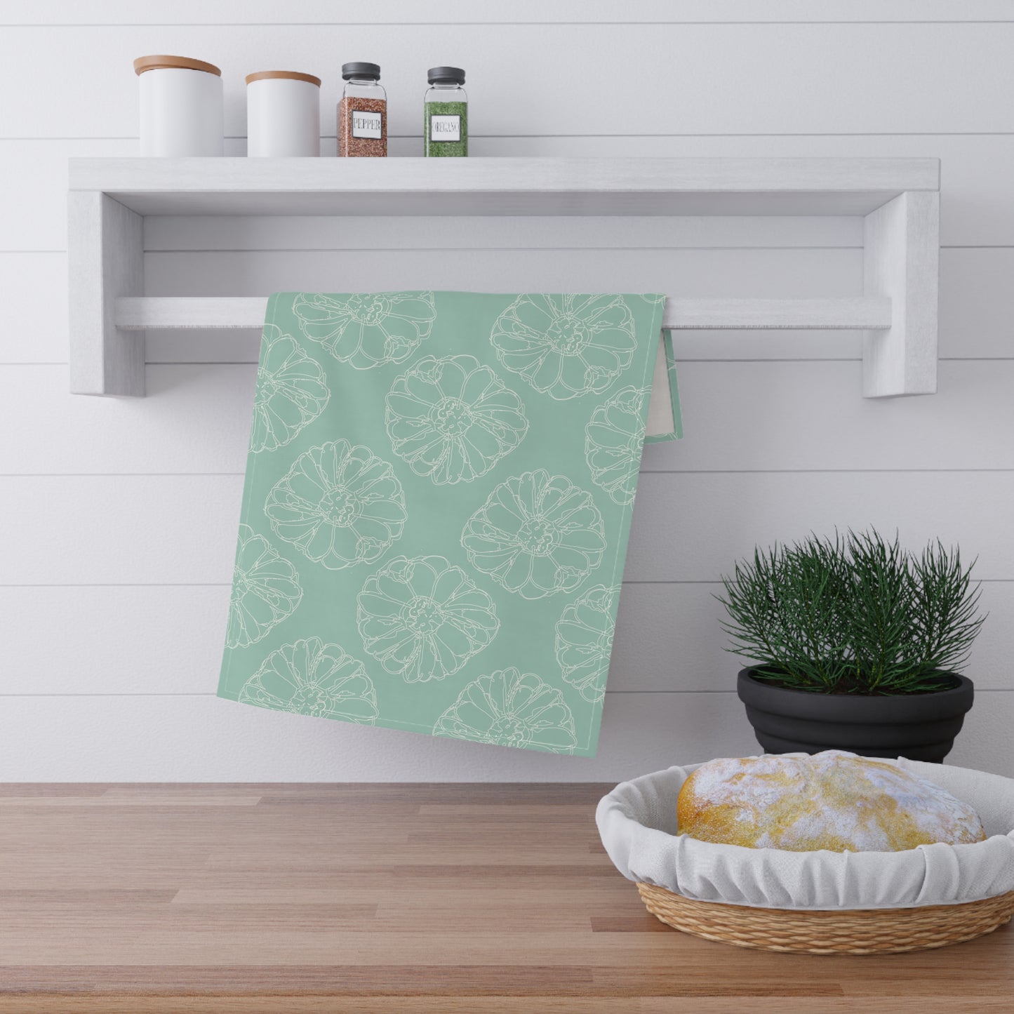 Cream Floral Outline on Aqua Kitchen Towel