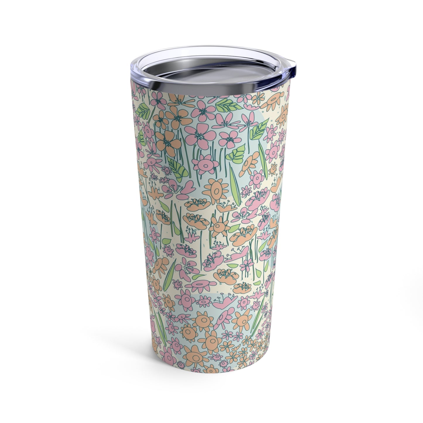 Orange and Pink Flowers on Blue Dot Tumbler 20oz