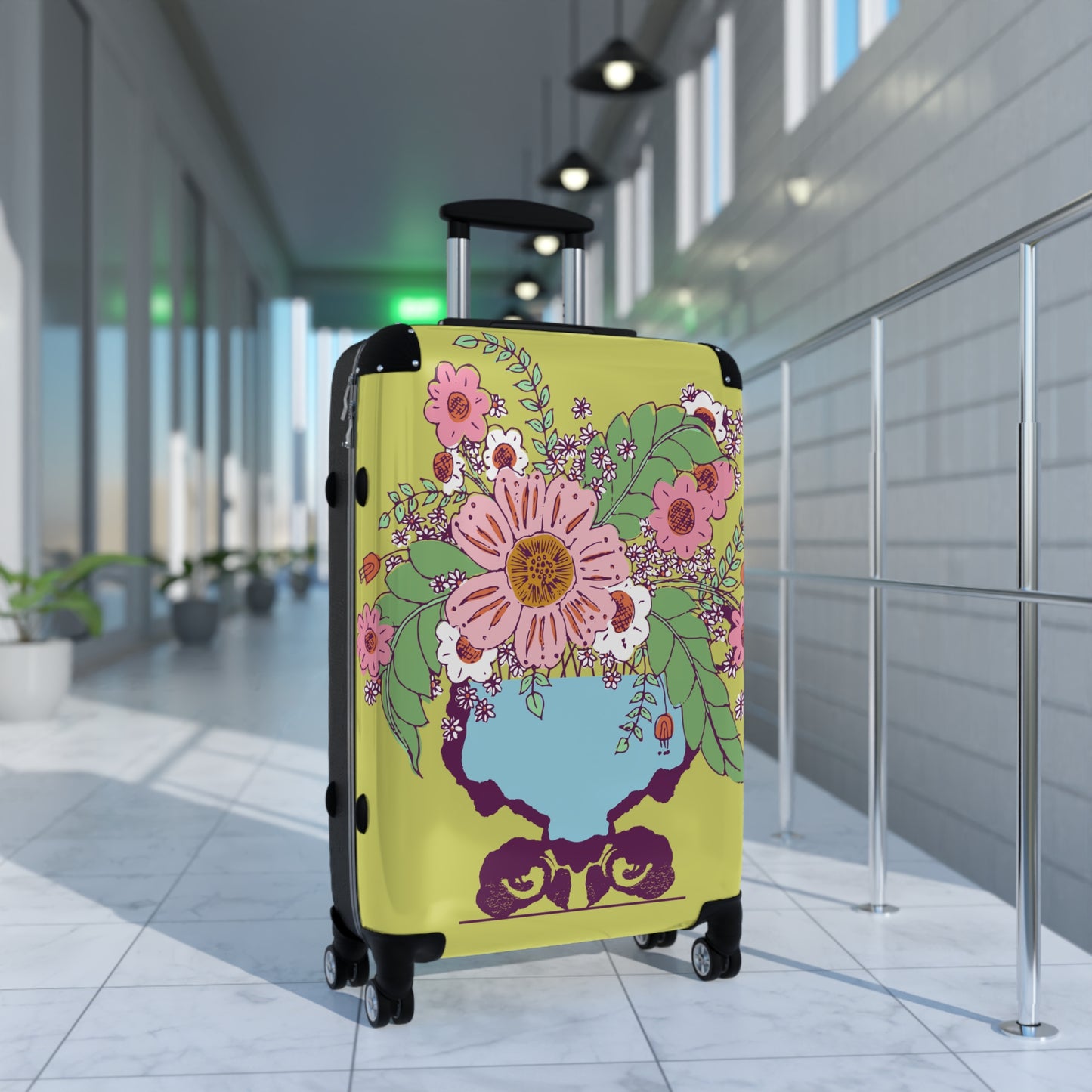 Cheerful Watercolor Flowers in Vase on Bright Green Suitcase