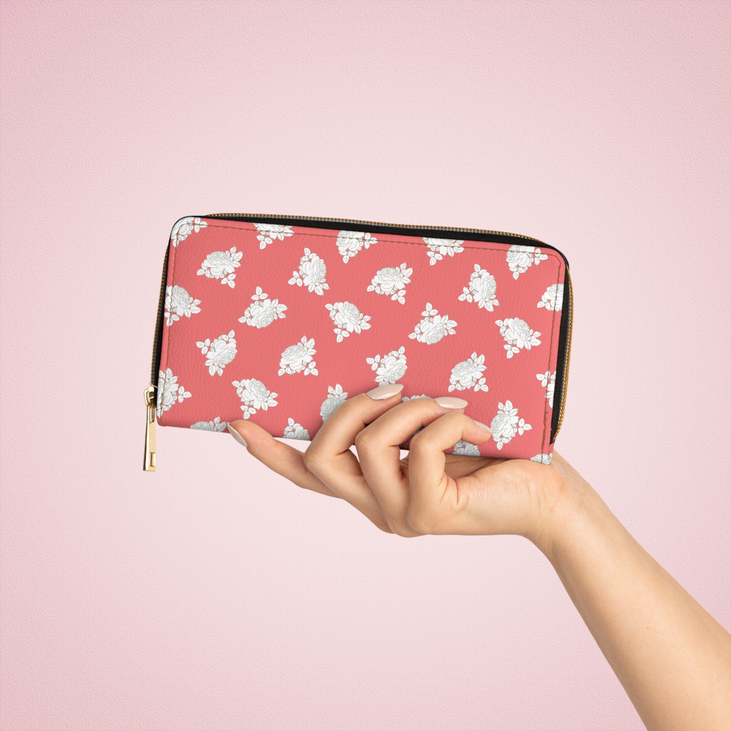 Cream Roses on Coral Zipper Wallet