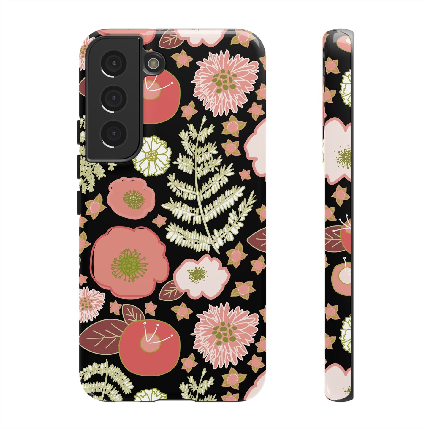 Coral Flowers on Black Tough Cases for Samsung