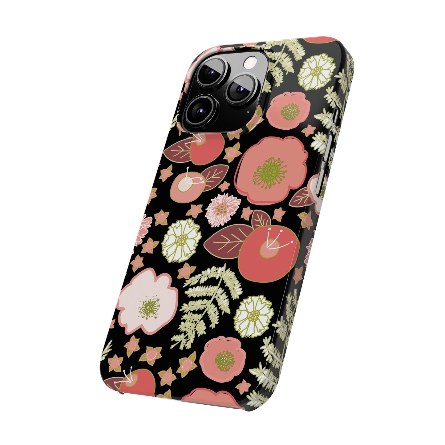 Coral Flowers on Black Slim Phone Cases