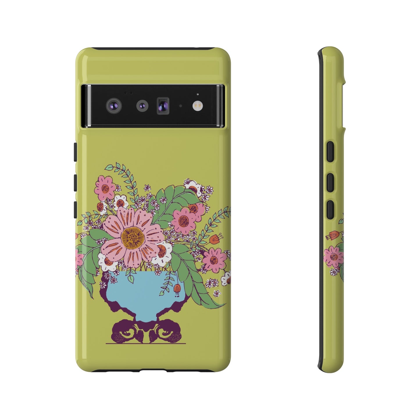 Cheerful Watercolor Flowers in Vase on Bright Green Tough Cases for Google Pixel