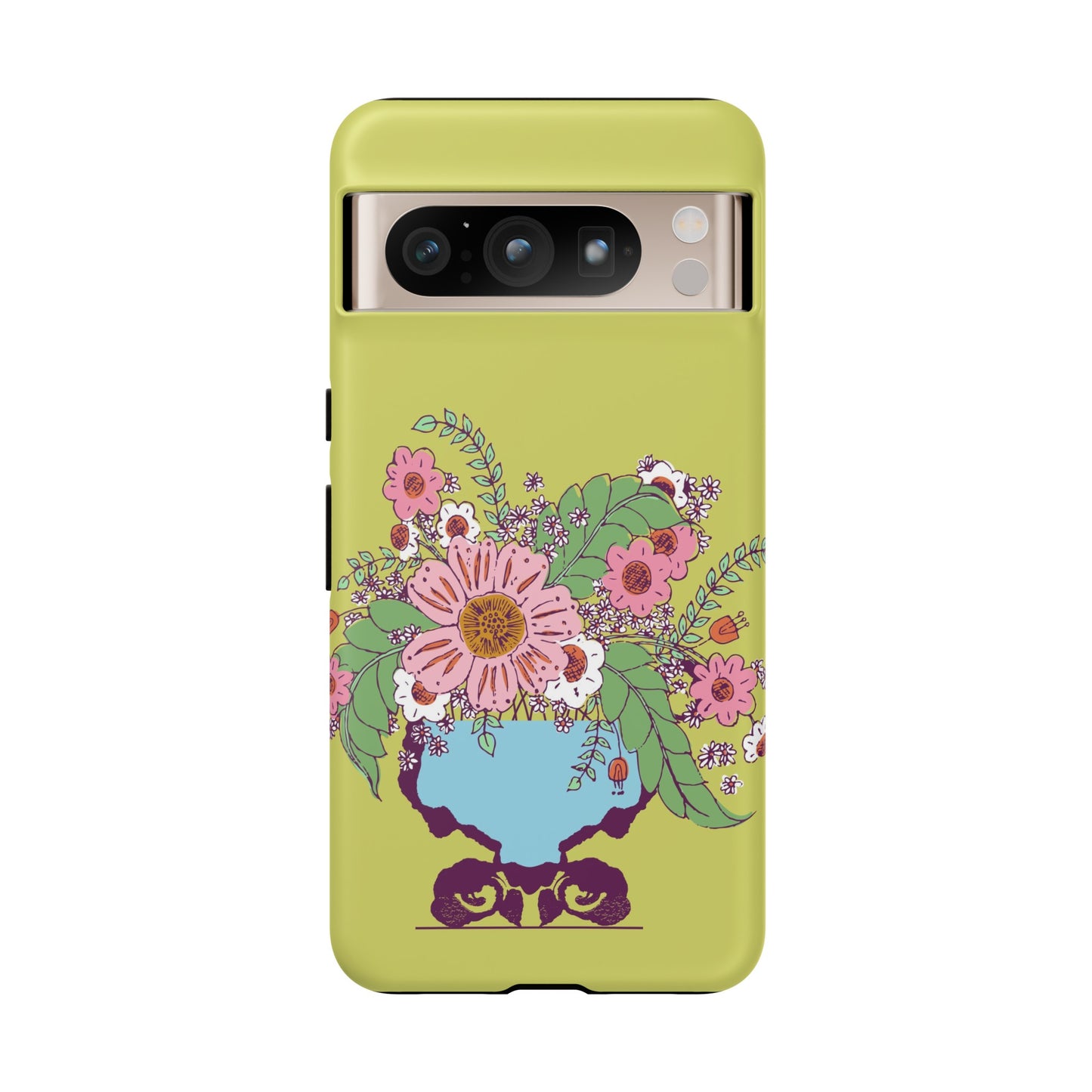 Cheerful Watercolor Flowers in Vase on Bright Green Tough Cases for Google Pixel