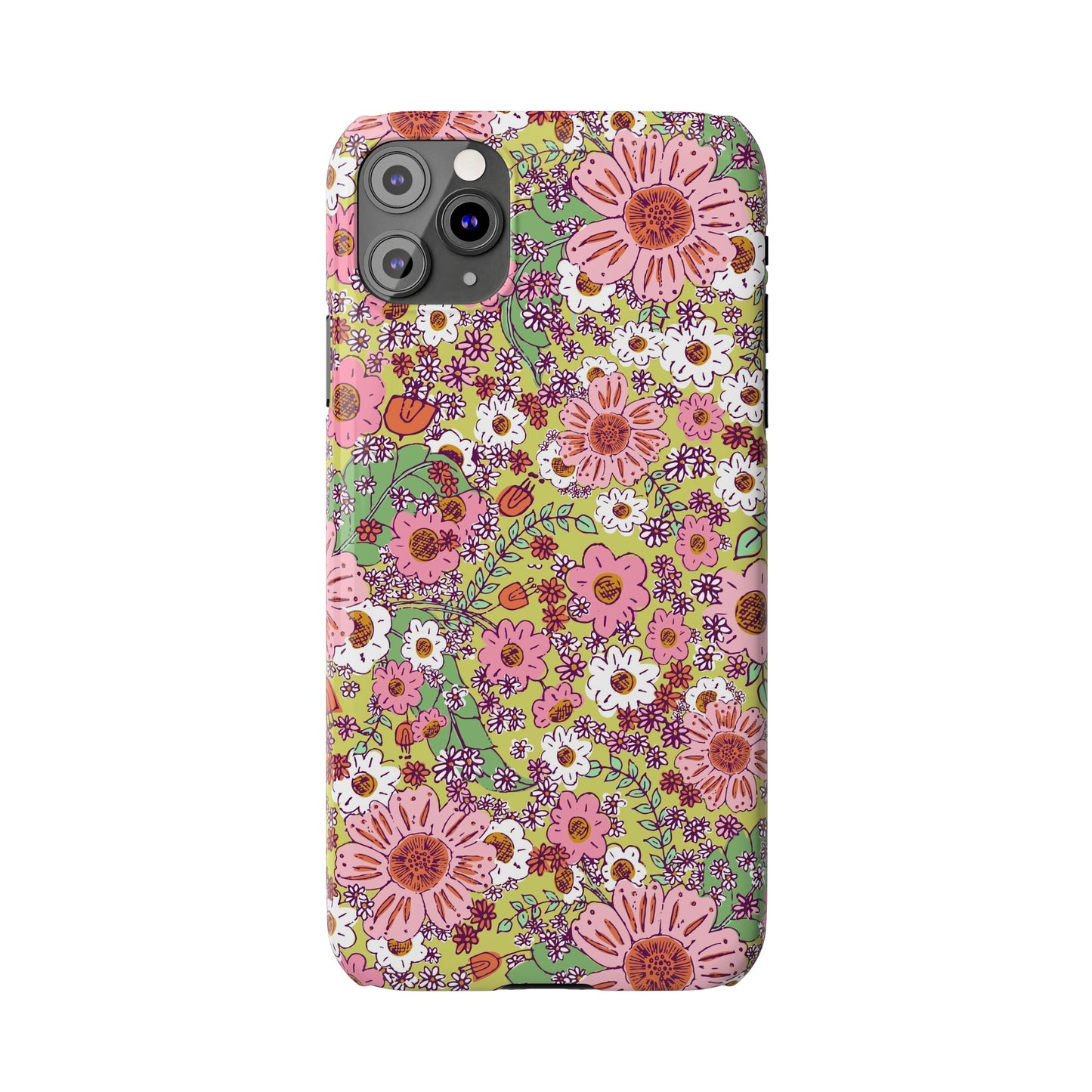 Cheerful Watercolor Flowers on Bright Green Slim Phone Cases