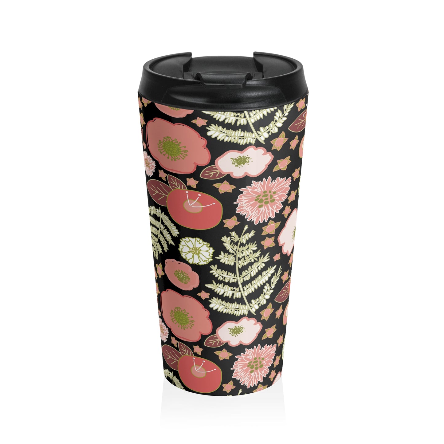 Coral Flowers on Black Stainless Steel Travel Mug