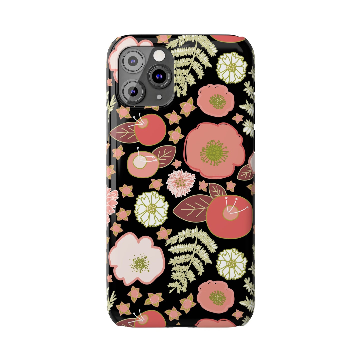 Coral Flowers on Black Slim Phone Cases