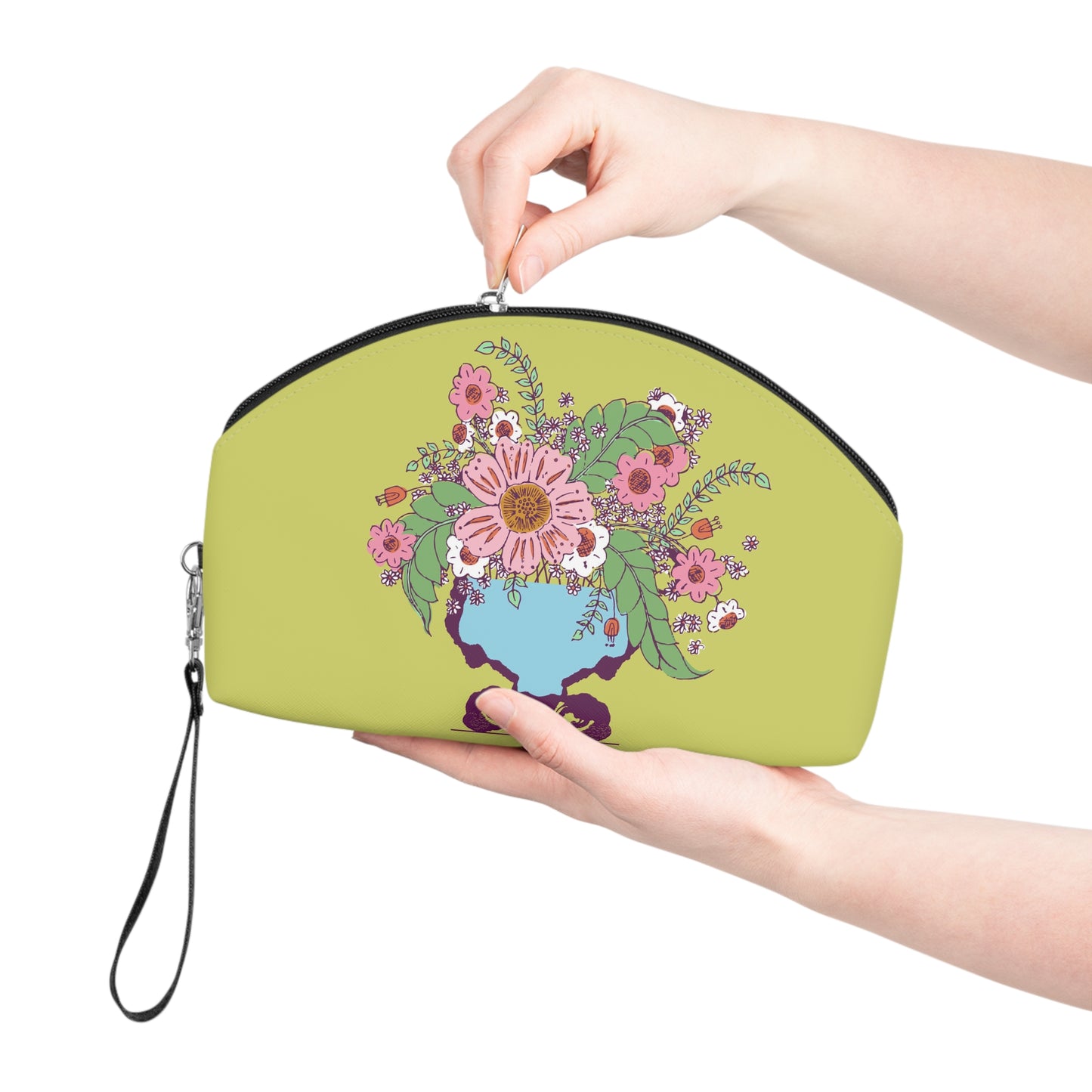 Cheerful Watercolor Flowers in Vase on Bright Green Makeup Bag