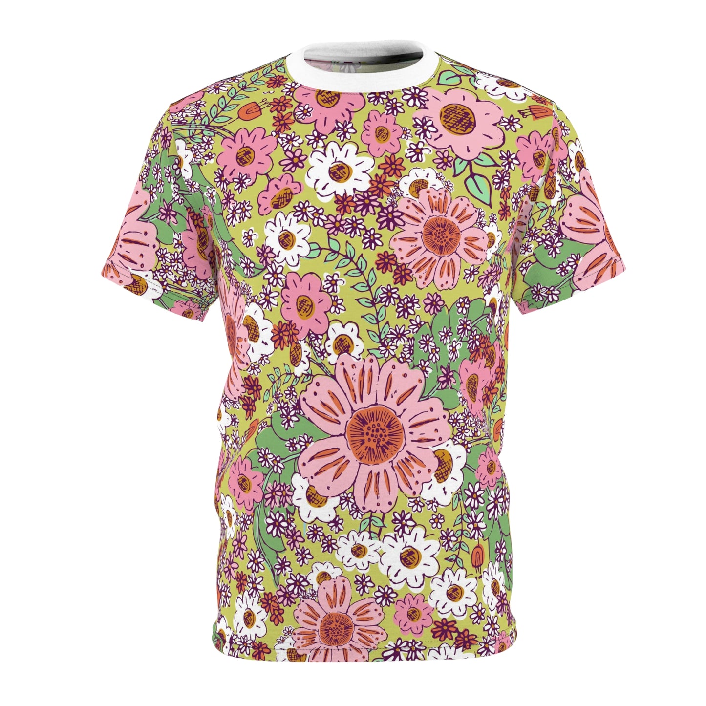 Cheerful Watercolor Flowers on Bright Green Tee