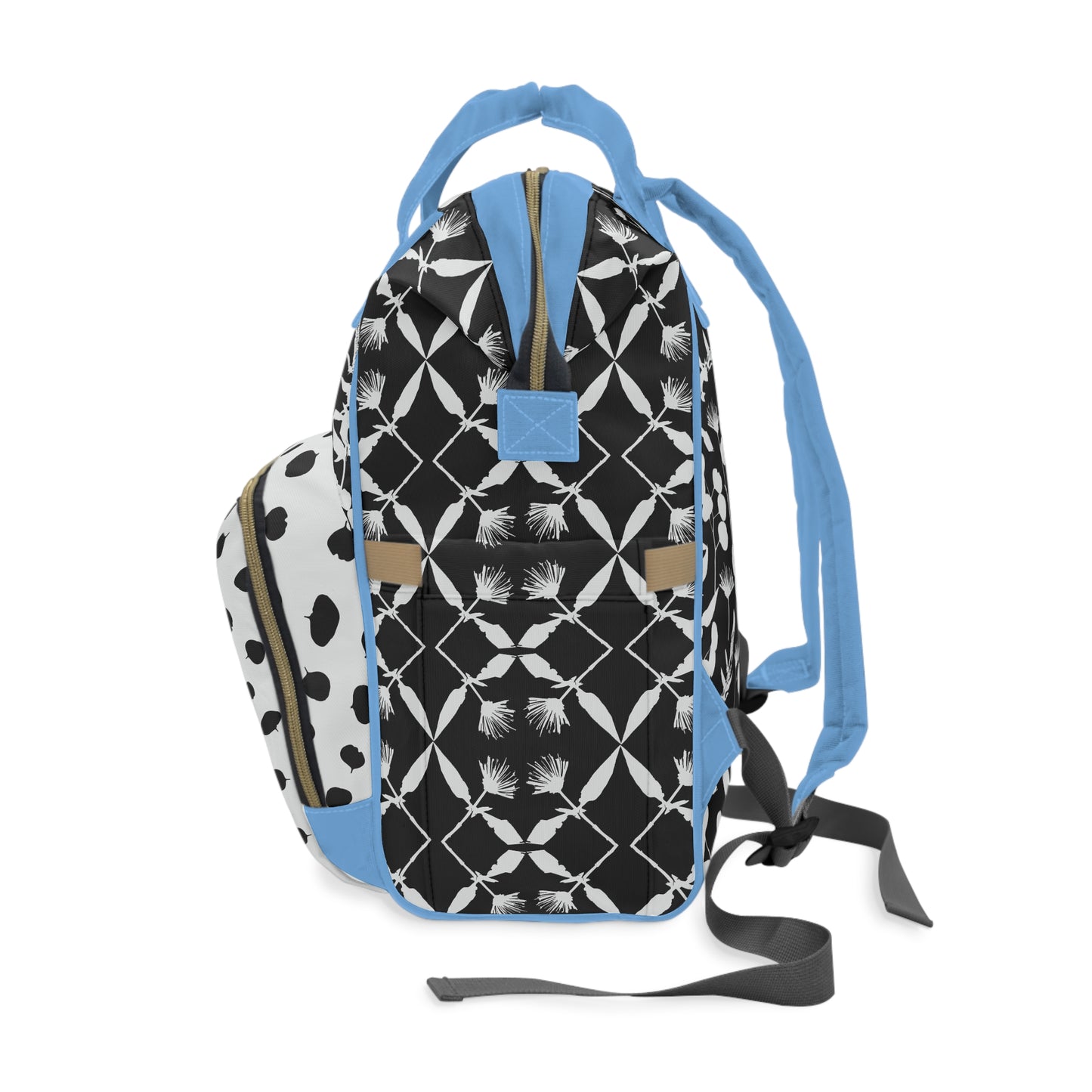 Black and White Floral with Blue Accents Multifunctional Diaper Backpack