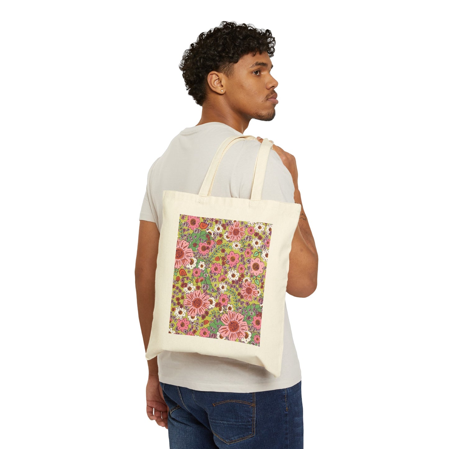 Cheerful Watercolor Floral on Bright Green Cotton Canvas Tote Bag