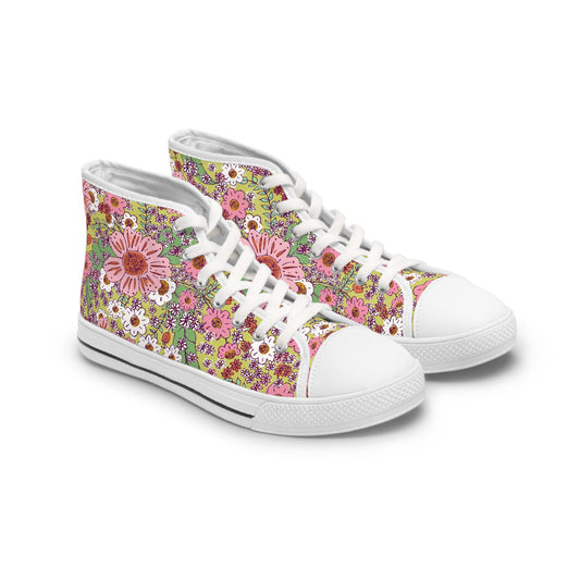 Cheerful Watercolor Flowers on Bright Green Women's High Top Sneakers