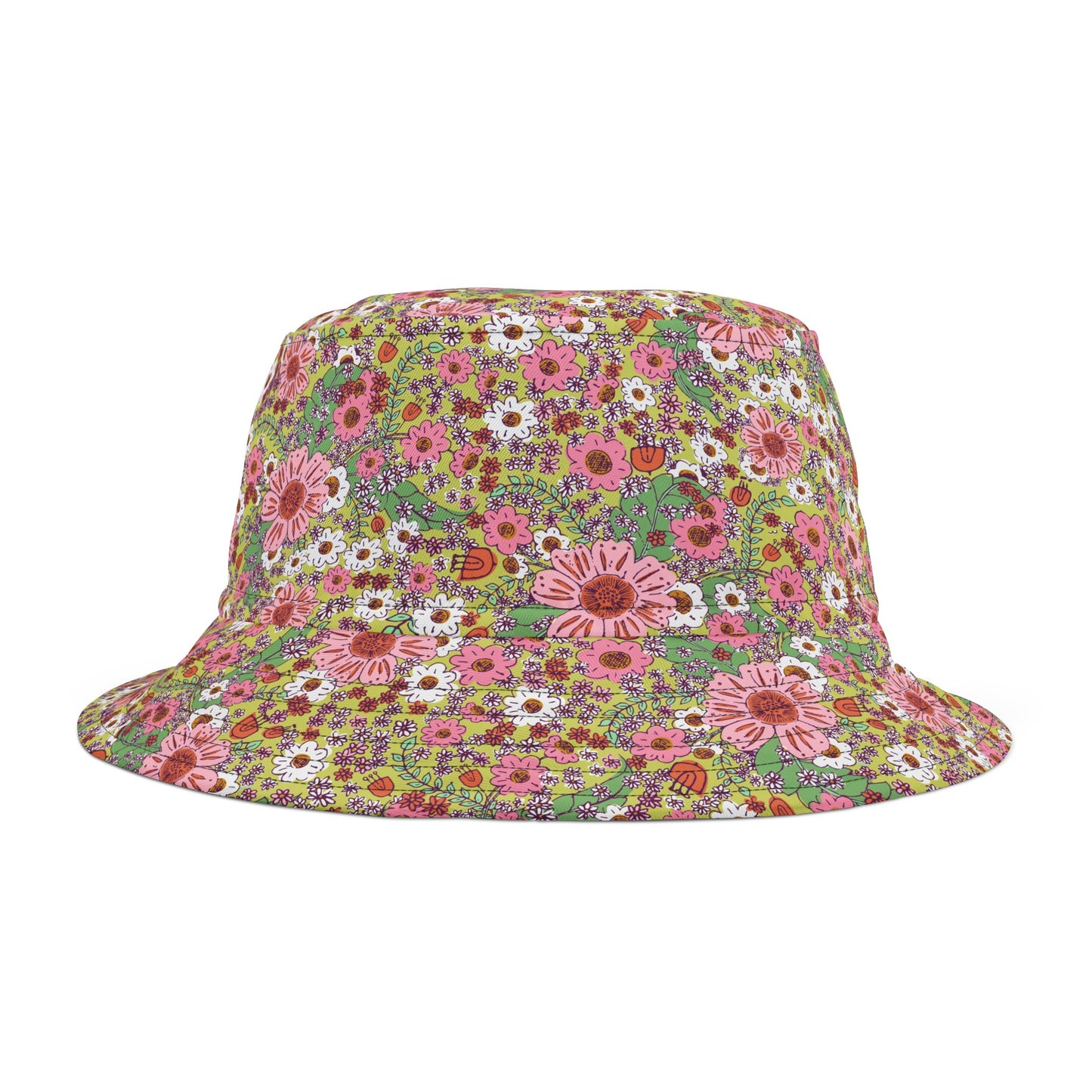 Cheerful Watercolor Flowers on Bright Green Bucket Hat