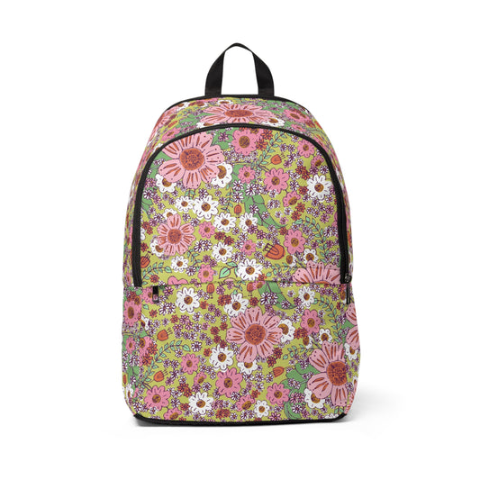 Cheerful Watercolor Flowers on Bright Green Fabric Backpack