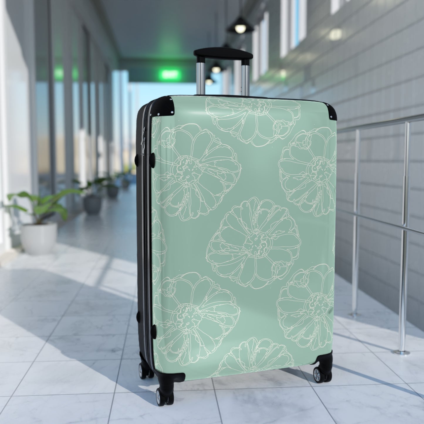 Cream Flower Outline on Aqua Suitcase