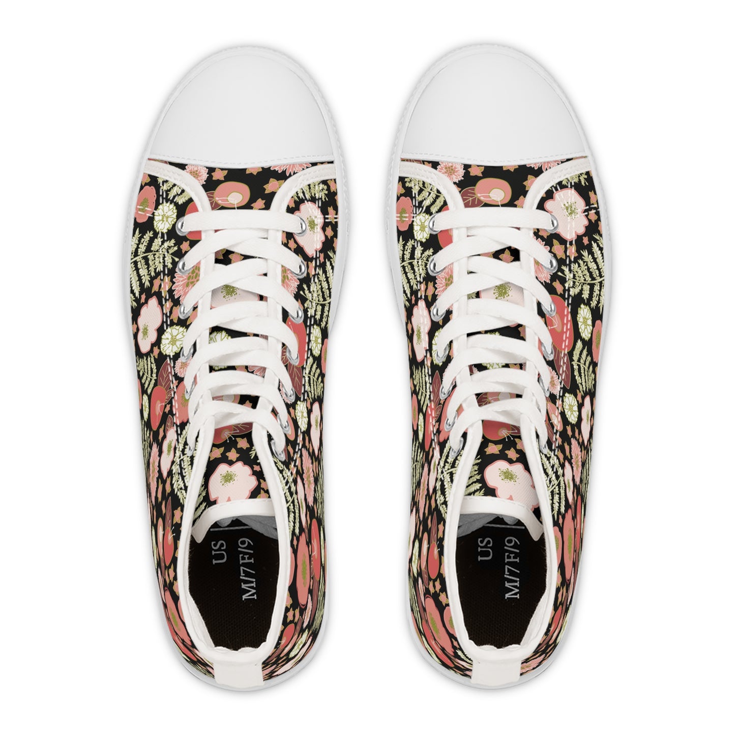 Coral Flowers on Black Women's High Top Sneakers