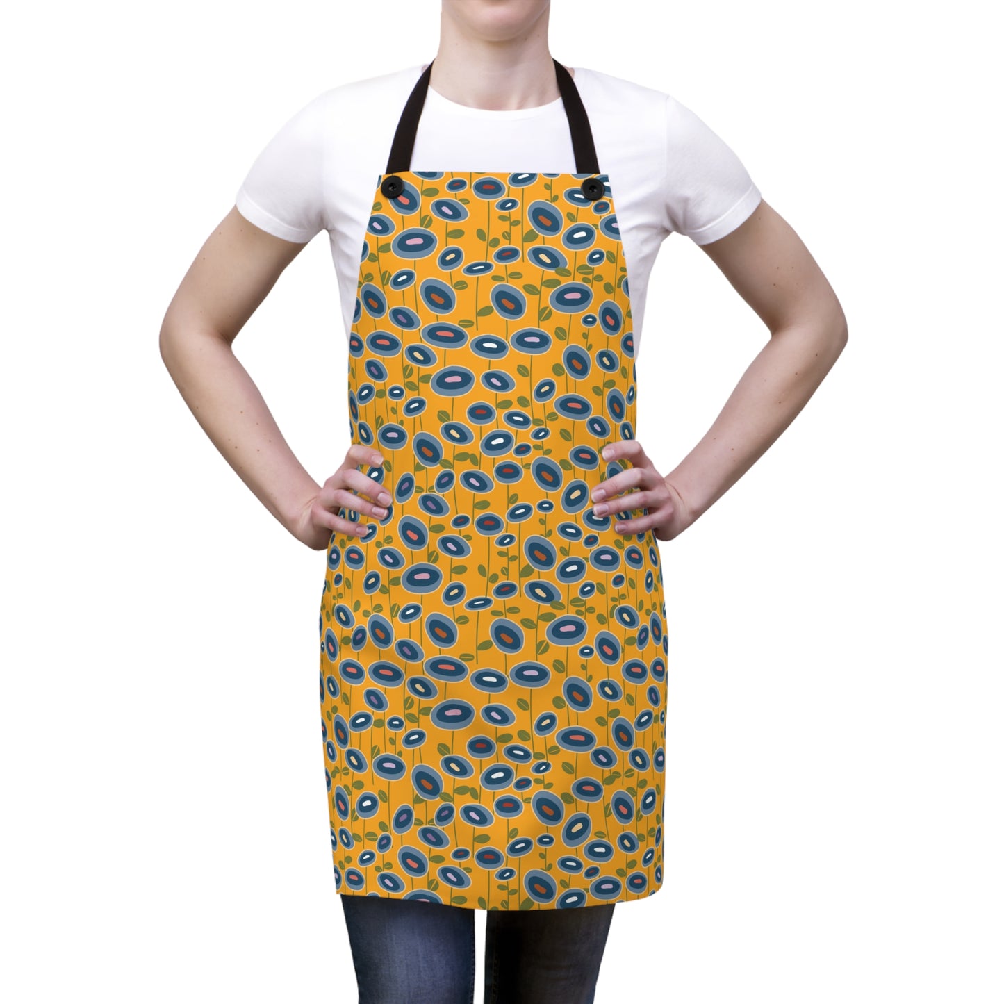 Blue Wildflowers on Bright Yellow Apron