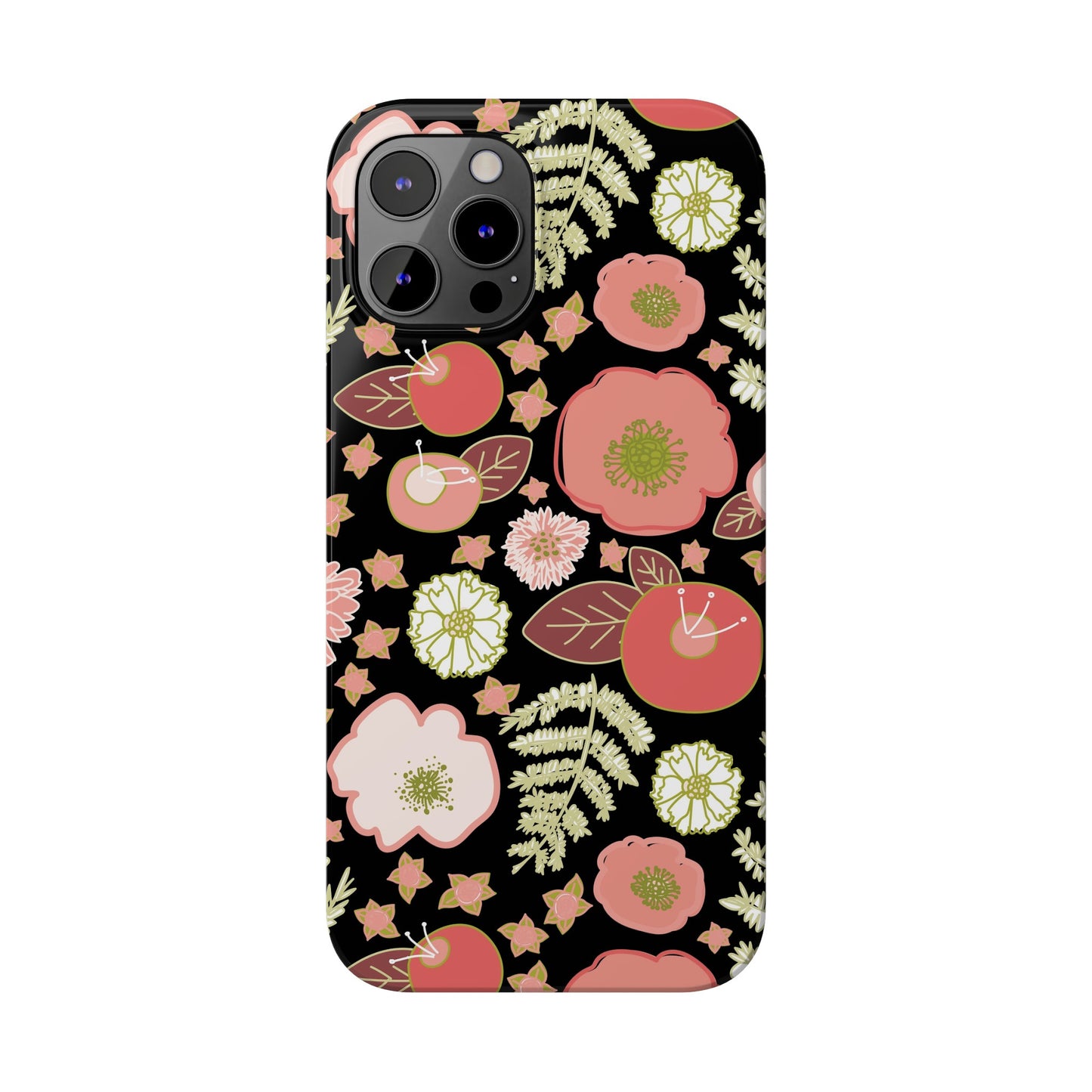 Coral Flowers on Black Slim Phone Cases