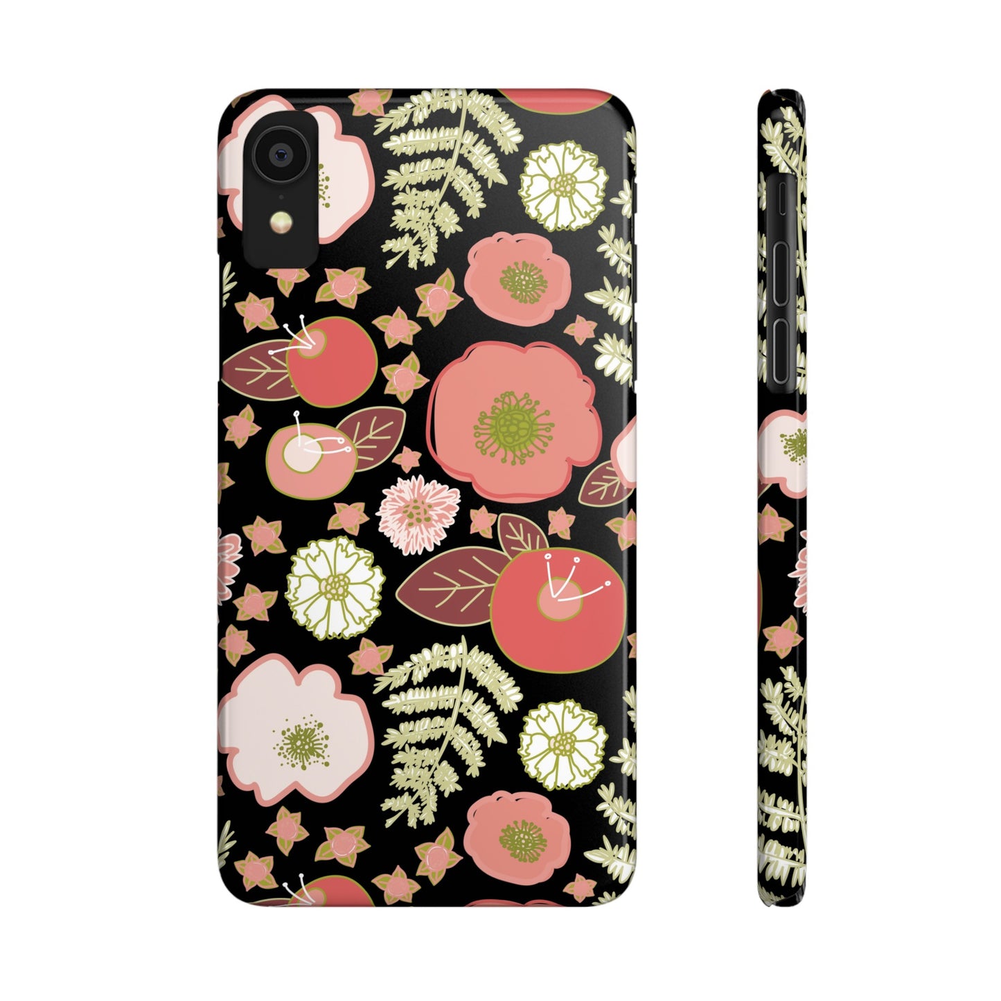 Coral Flowers on Black Slim Phone Cases