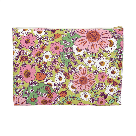 Cheerful Watercolor Flowers on Bright Green Accessory Pouch