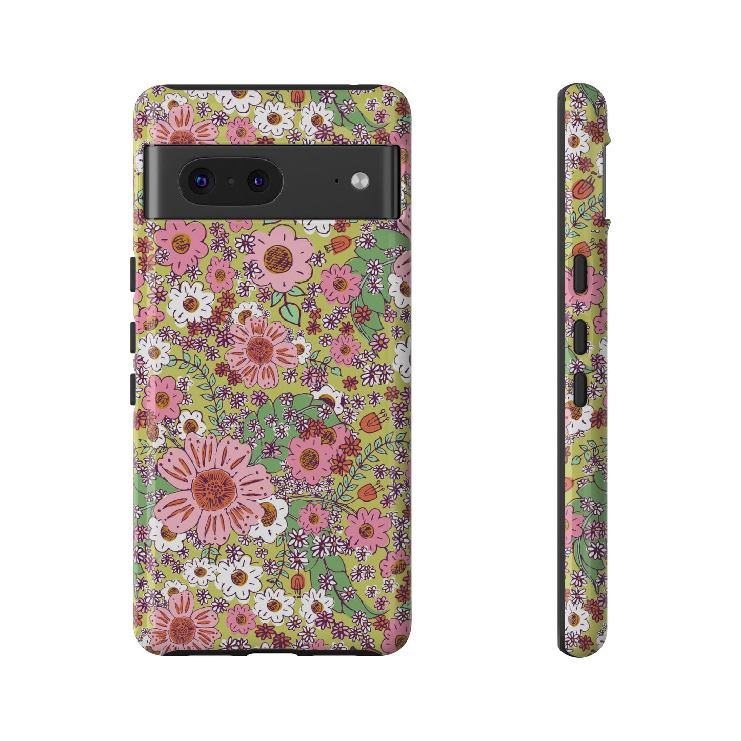 Cheerful Watercolor Flowers in Bright Green Tough Cases for Google Pixel