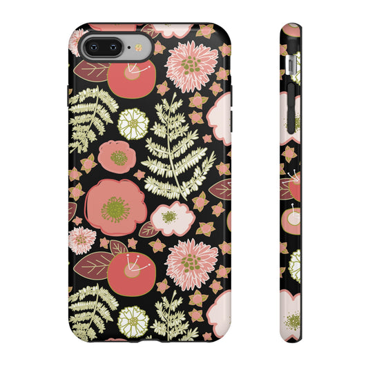 Coral Flowers on Black Tough Cases for iPhone