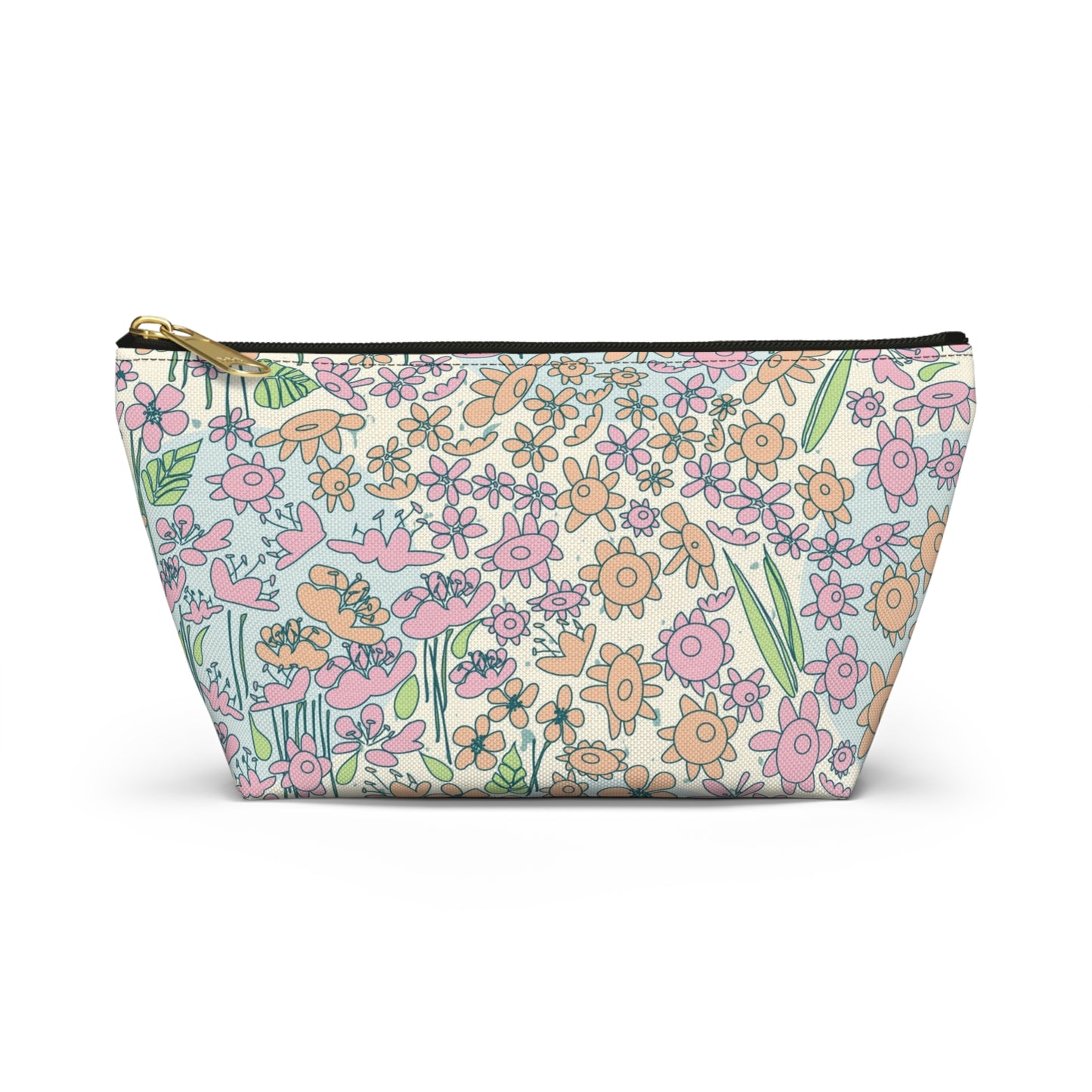 Orange and Pink Flowers on Blue Dot Accessory Pouch w T-bottom