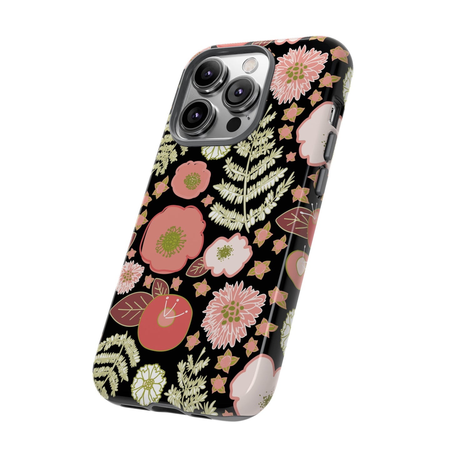 Coral Flowers on Black Tough Cases for iPhone