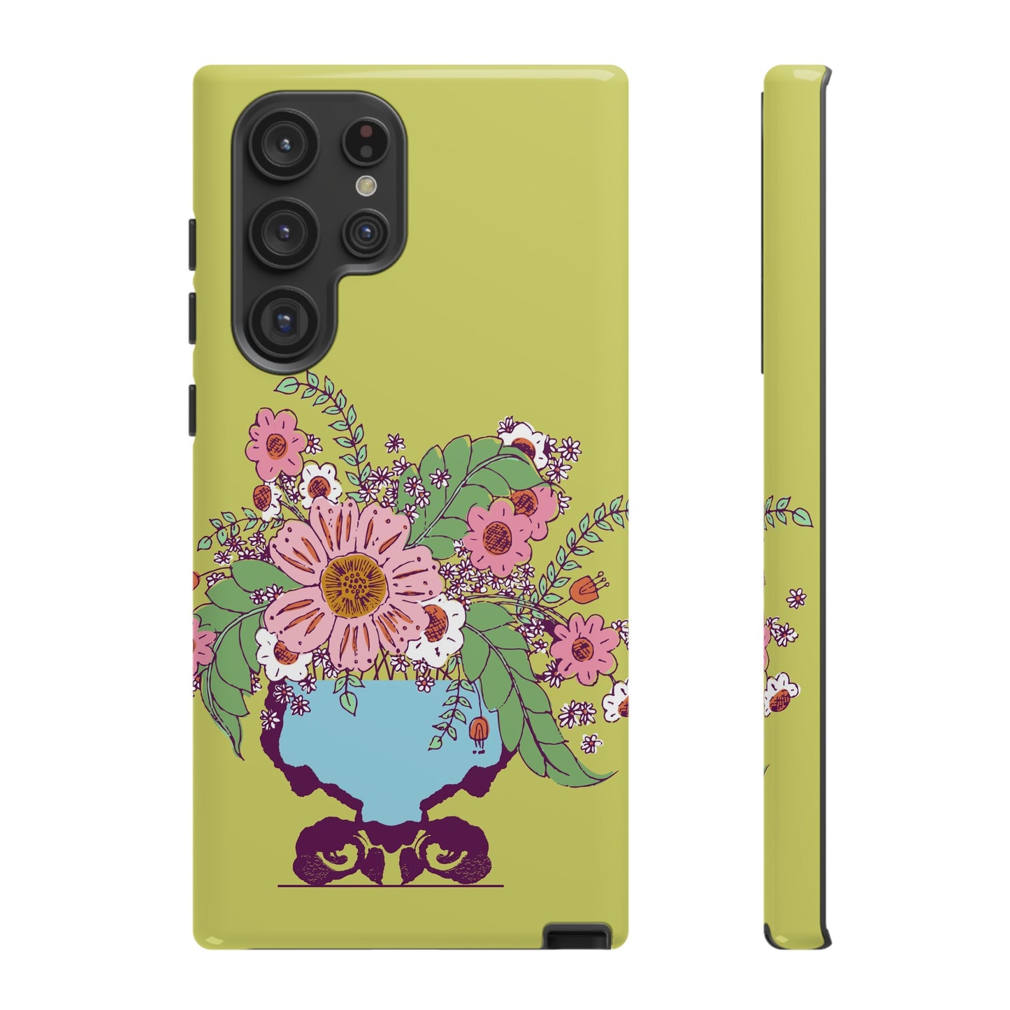 Cheerful Watercolor Flowers in Vase on Bright Green Tough Cases for Samsung