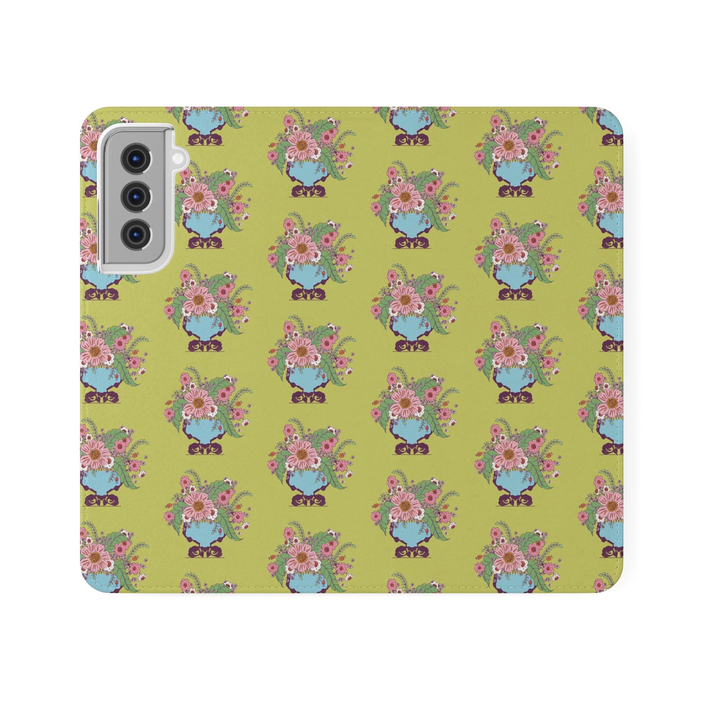 Cheerful Watercolor Flowers in Vase on Bright Green Flip Cases for Samsung